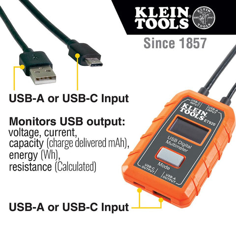 Klein Tools ET920 USB-A & USB-C Power Meter Tester – Digital Voltage Current Capacity Energy Resistance Monitor 3–20V DC for Fast Charge QC Ports with Data Storage & Overload Protection