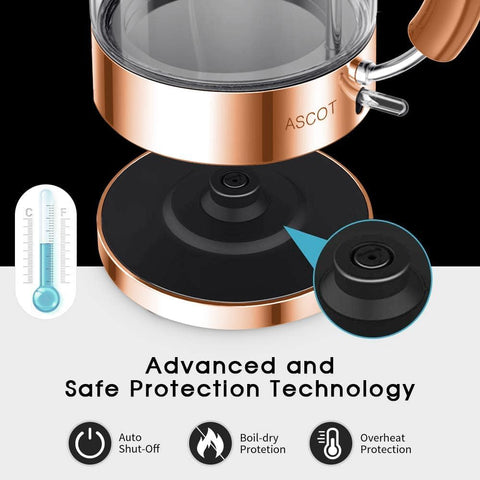 1.5L Glass Electric Kettle – Tea Heater & Hot Water Boiler, BPA-Free, Auto Shut-Off & Boil-Dry Protection – Rose Gold