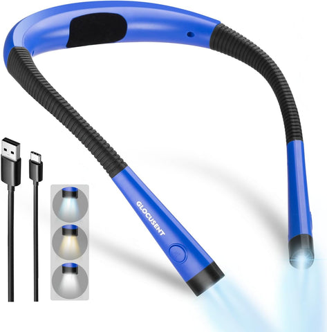 Lake Blue LED Neck Book Light – Hands-Free, USB-C Rechargeable Light with 3 Color Modes, 6 Brightness Levels & Flexible Arms – Ideal for Bedtime Reading, Knitting, Camping & More