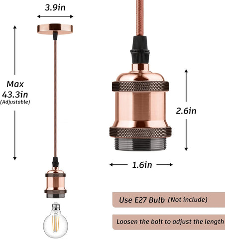 Rose gold pendant light bulb holder with measurements on a white background