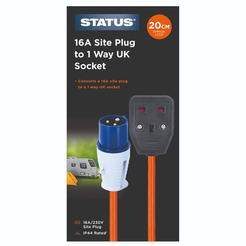 Status 16A Site Plug to 1 Way UK Socket, 20cm Adaptor Cable Perfect for Camping Caravan, Motorhome, Campervan, IP44, Weatherproof, 16APTUK1SCK1PK10