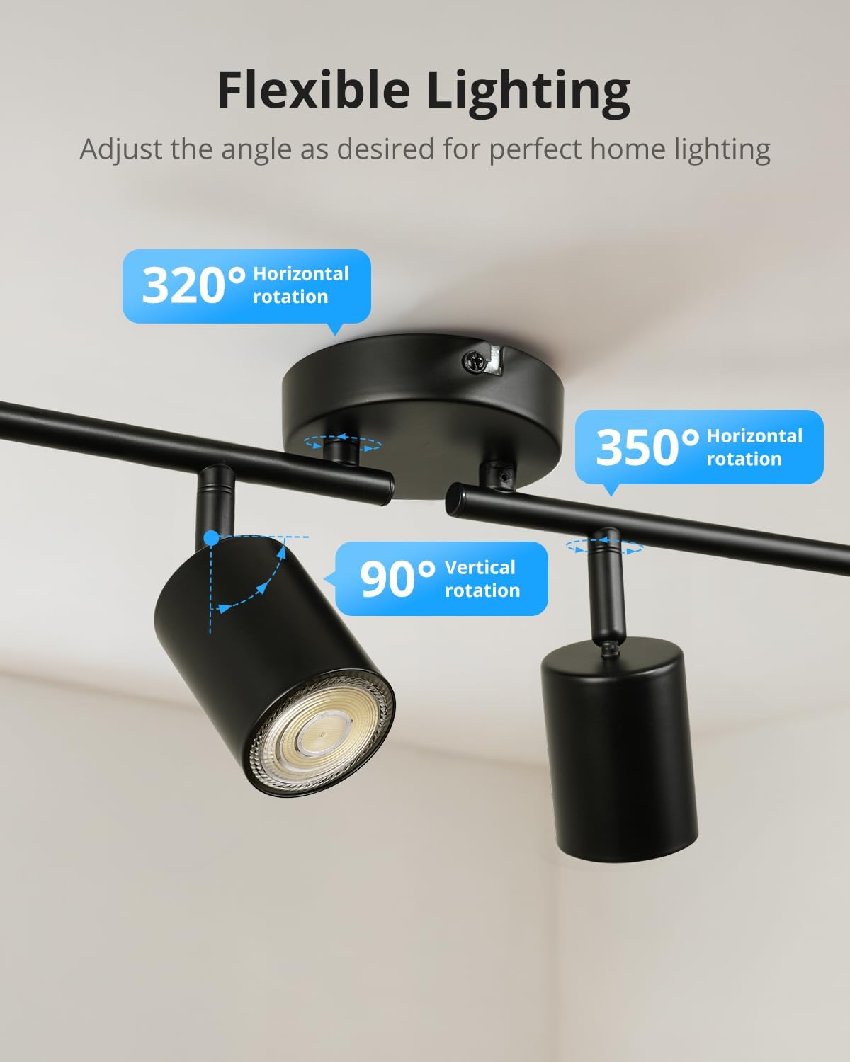 Black flexible lighting fixture with adjustable angles on a white background
