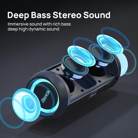 Bluetooth speaker with multiple speakers and 'Rienok' branding on a dark background