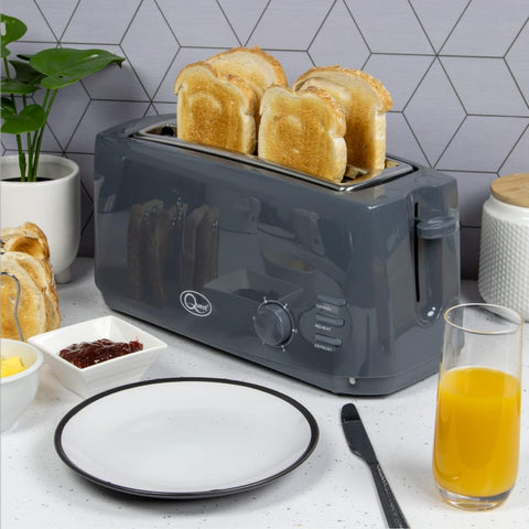 4 Slice Toaster Grey – Extra Wide Long Slots for Bagels and Crumpets – 6 Browning Settings – Reheat, Defrost & Cancel