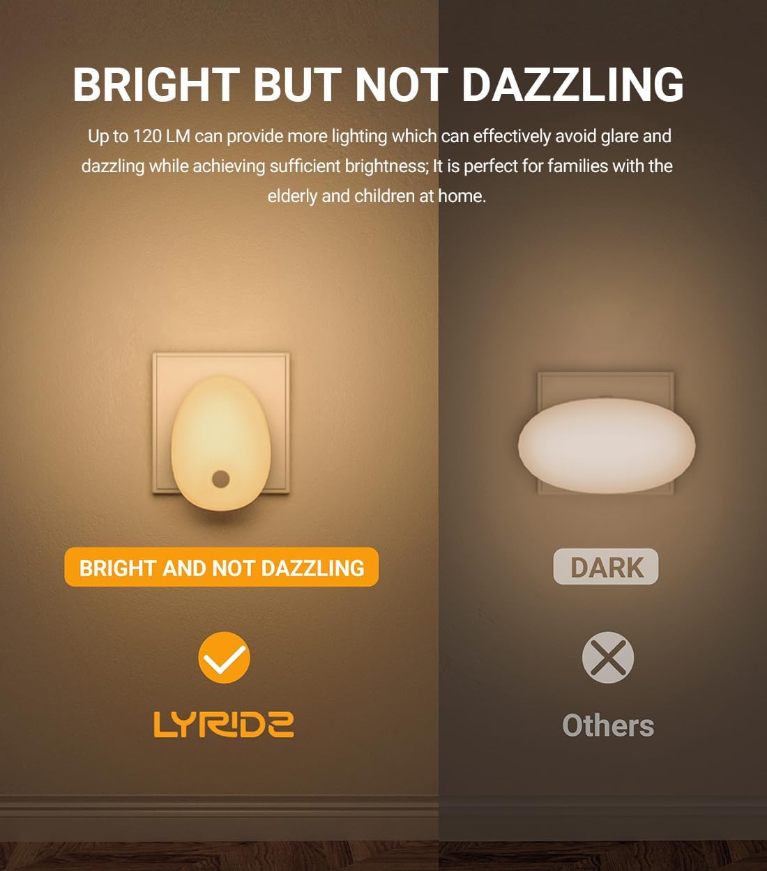 Light fixture comparison with 'Bright but Not Dazzling' text and LYRIDE branding.