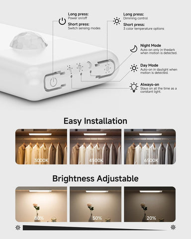 Motion Sensor Under Cupboard Kitchen Lights – Rechargeable LED Under Cabinet Light with 3 Colour Temperatures, Dimmable Brightness & Magnetic Cordless Mount for Wardrobes, Shelves & Stairs - Light Up the Dark Corners You Usually Ignore
