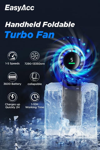 EasyAcc Portable Handheld Fan, 3 IN 1 Hand Fan, Turbo Fan Powerful 5 Speeds 4000 Battery Capacity 180°Foldable USB-C Rechargeable Personal Pocket Hand Held Fan for Travel/Outdoor/Home/Office
