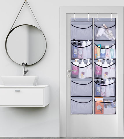 MISSLO 2 Pack Over Door Hanging Organiser with 5 Mesh Pockets Each, Grey – Space-Saving Bathroom, Bedroom & Wardrobe Storage