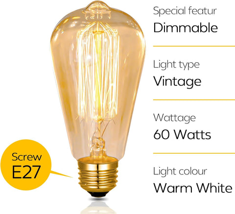 E27 Vintage Light Bulbs Squirrel Cage Filament 60W (6 Pack)