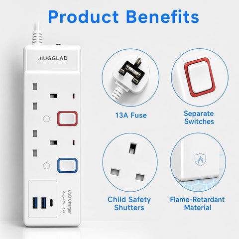 1 Metre Extension Lead with USB Slots – 2 Gang Power Strip with 2 USB-A & 1 USB-C Ports - Keep Everyday Charging Neat, Close & Ready