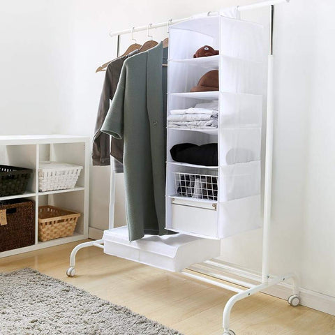 YINGGG 6-Shelf Hanging Wardrobe Organiser, Grey Non-Woven Fabric Storage Rack with 2 Wide Hook-and-Loop Straps for Sweaters, Shoes, Towels and Accessories