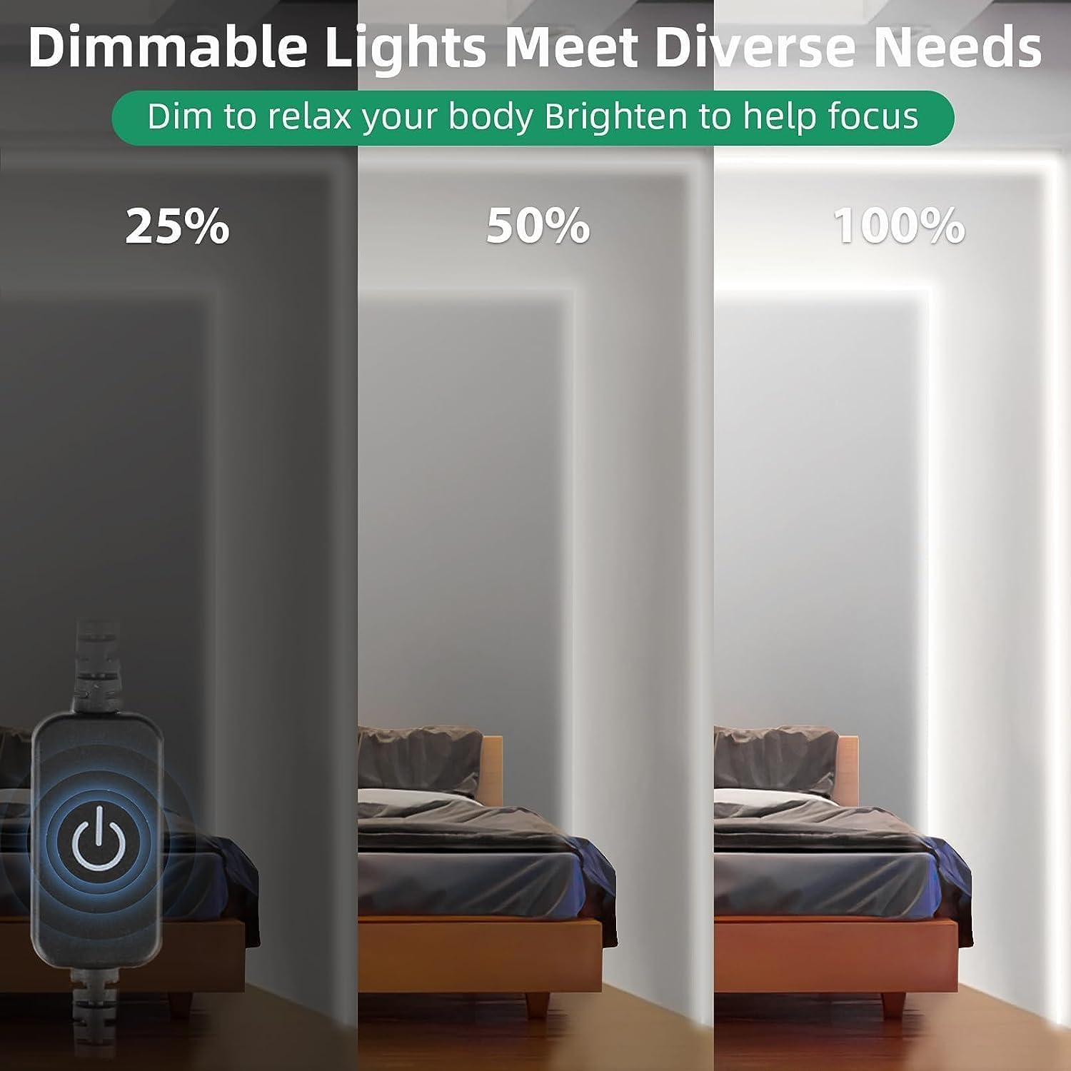 Bedroom scene with dimmable lights and a remote control, showing different brightness levels.