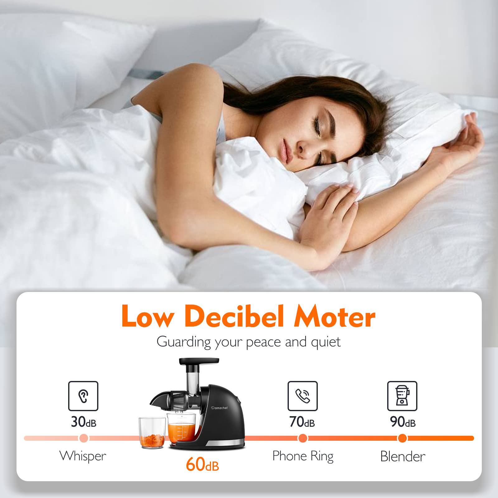 AMZCHEF Juicer Machines - Cold Press Slow Juicer - Masticating Juicer for Whole Fruits and Vegetables - Delicate Chew No Need to Filter - BPA Free Juice Extractor with 2 Cups and Brush - Black