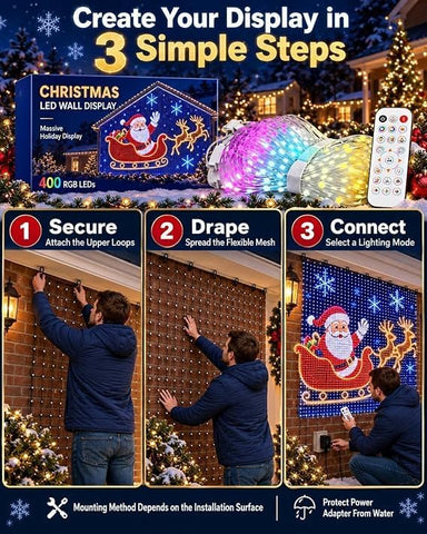 400 RGB LED Christmas Net Lights 1x1m – Outdoor House Wall Curtain Fairy Lights with Remote, 6 Dynamic Modes & Timer - Turn Your Home Into a Colourful Christmas Display