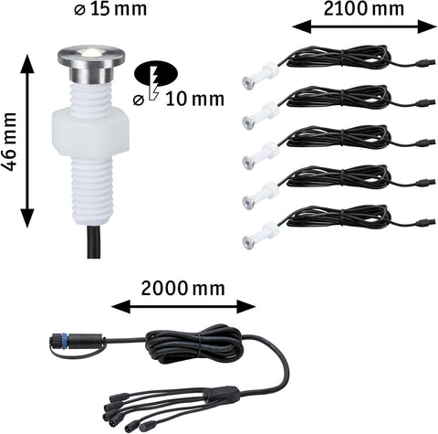 Paulmann 93694 Outdoor Plug & Shine recessed Lighting Extension Set MicroPen II 5x0.22W IP67 3000K Stainless Steel, Silver