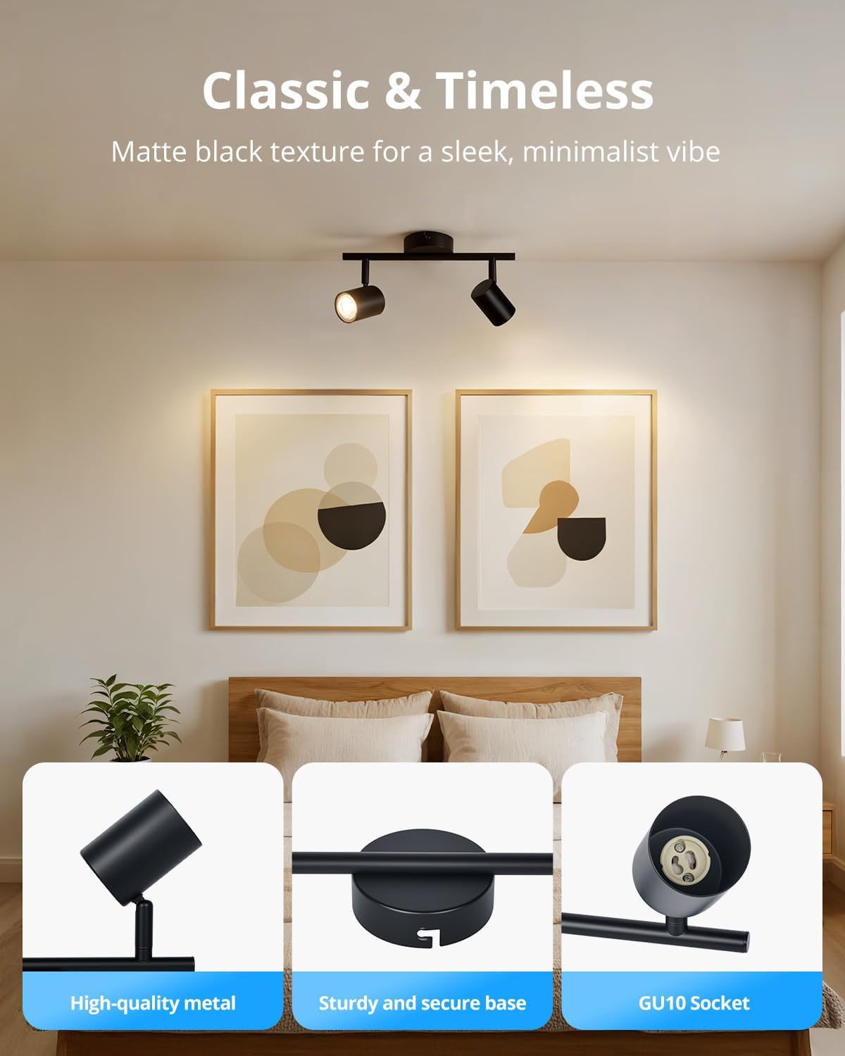 Modern bedroom with a ceiling light fixture, framed artwork, and a bed.