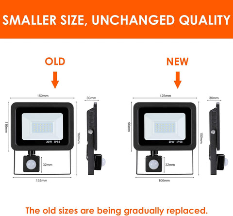 Comparison of old and new LED flood lights with dimensions labeled.