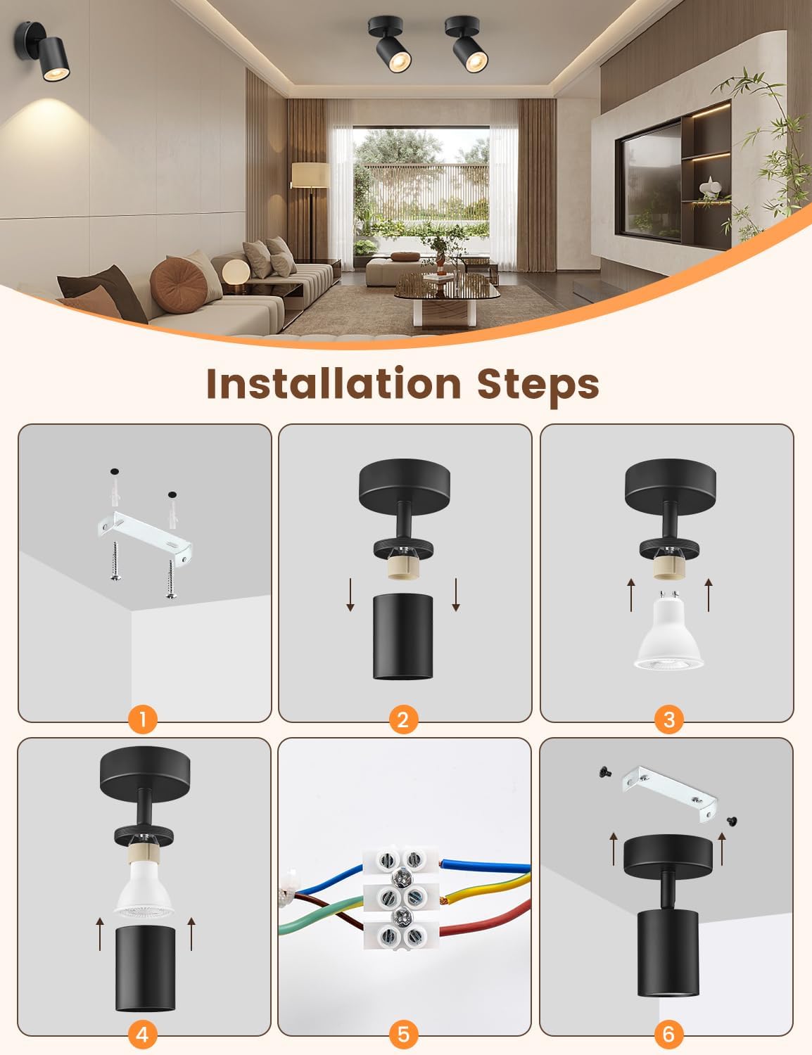 Step-by-step installation guide for a ceiling light fixture in a modern living room.