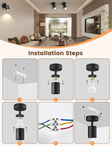 Step-by-step installation guide for a ceiling light fixture in a modern living room.