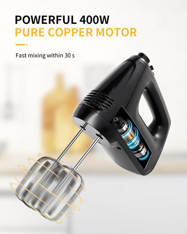 400W Electric Hand Mixer with 6 Speed & Turbo – All-Copper Motor Hand Whisk, Snap-On Storage Case, 5 Stainless Steel Attachments