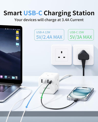 White 4-Way Extension Lead with 4 USB Ports, USB-C, Shaver Socket & 1.5m Cable – Keep Your Everyday Essentials Connected Without the Desk Clutter