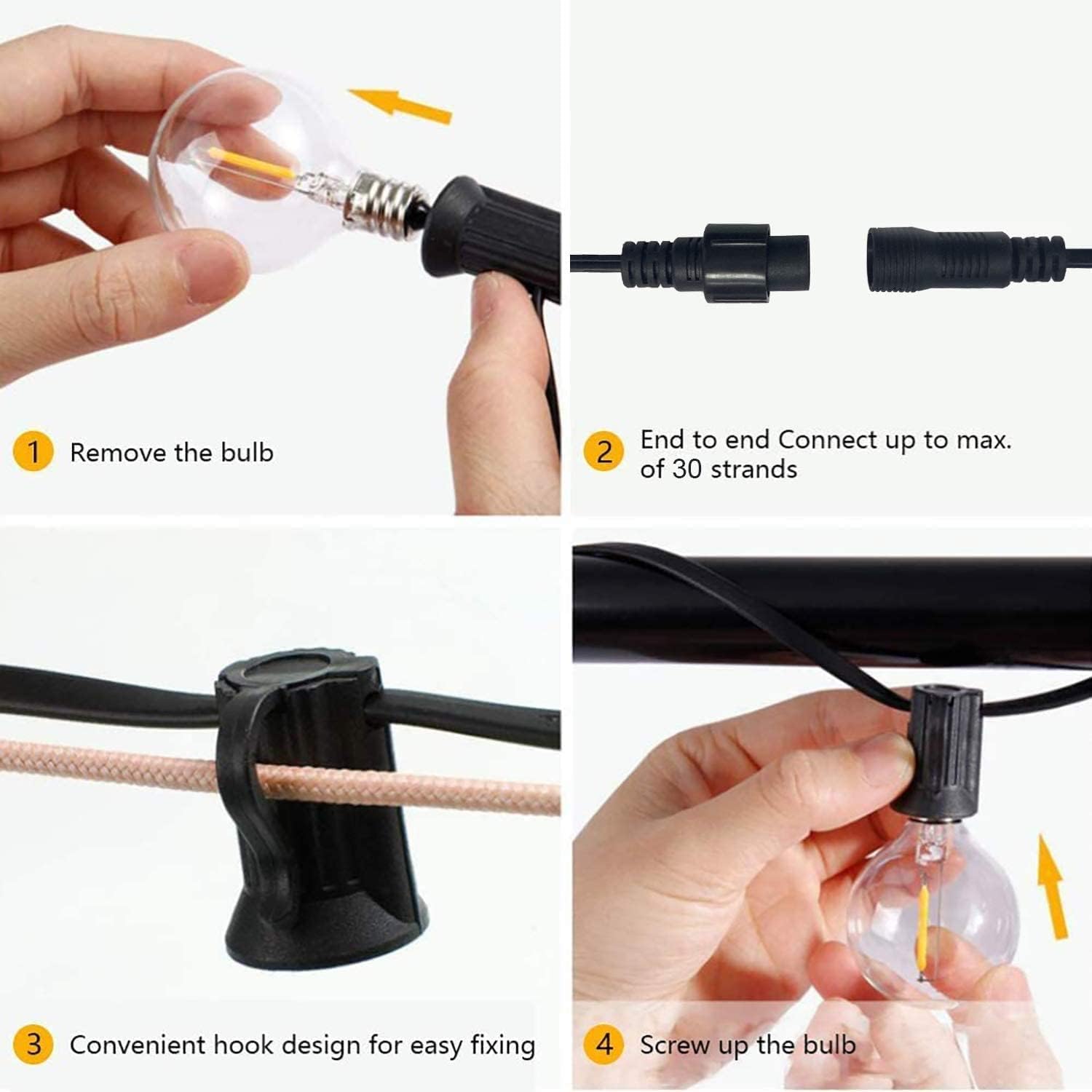 Step-by-step guide on how to use outdoor string lights with a bulb and connectors.
