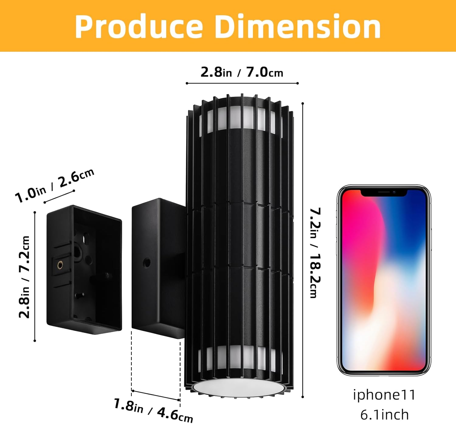 Black outdoor wall light fixture with dimensions shown relative to an iPhone 11