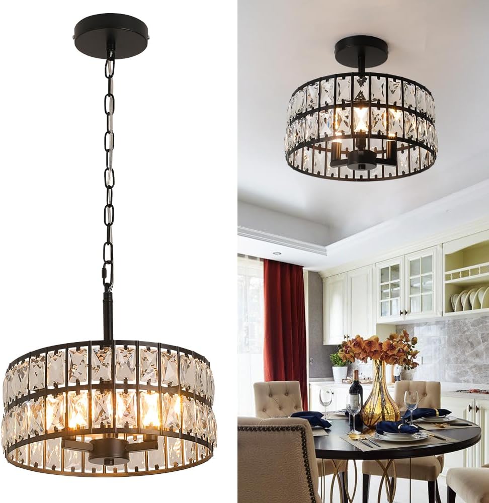 Chandelier with crystal accents on a white background and in a dining room setting.