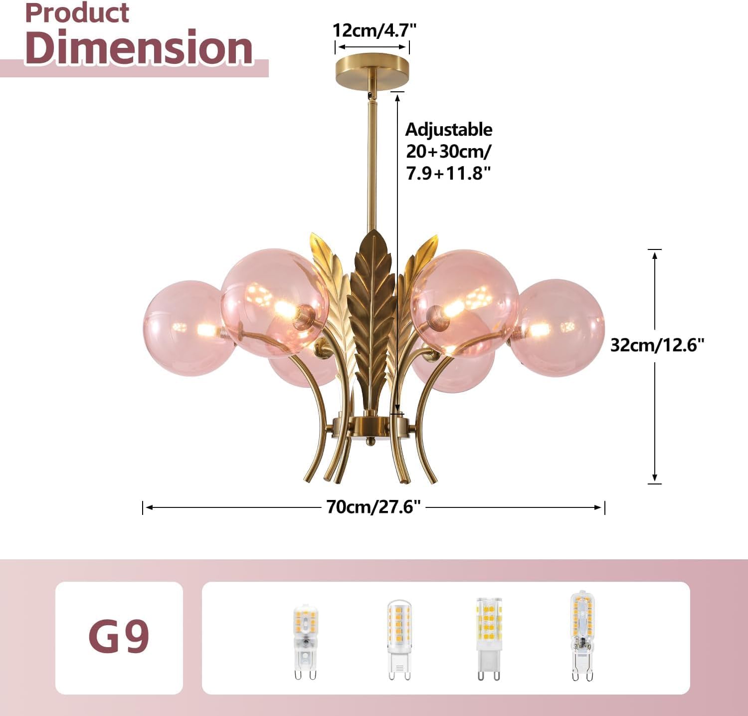 Chandelier with dimensions and bulb type G9 on a white background