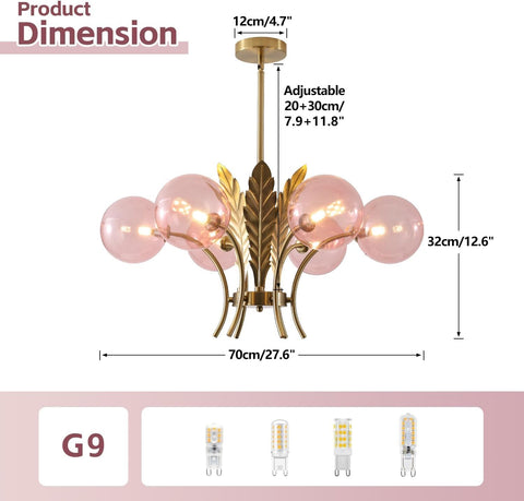 Chandelier with dimensions and bulb type G9 on a white background
