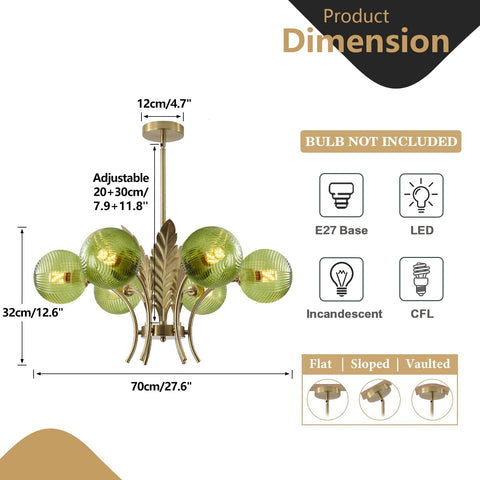 Chandelier with green glass shades and gold metal frame, including dimensions and bulb information.