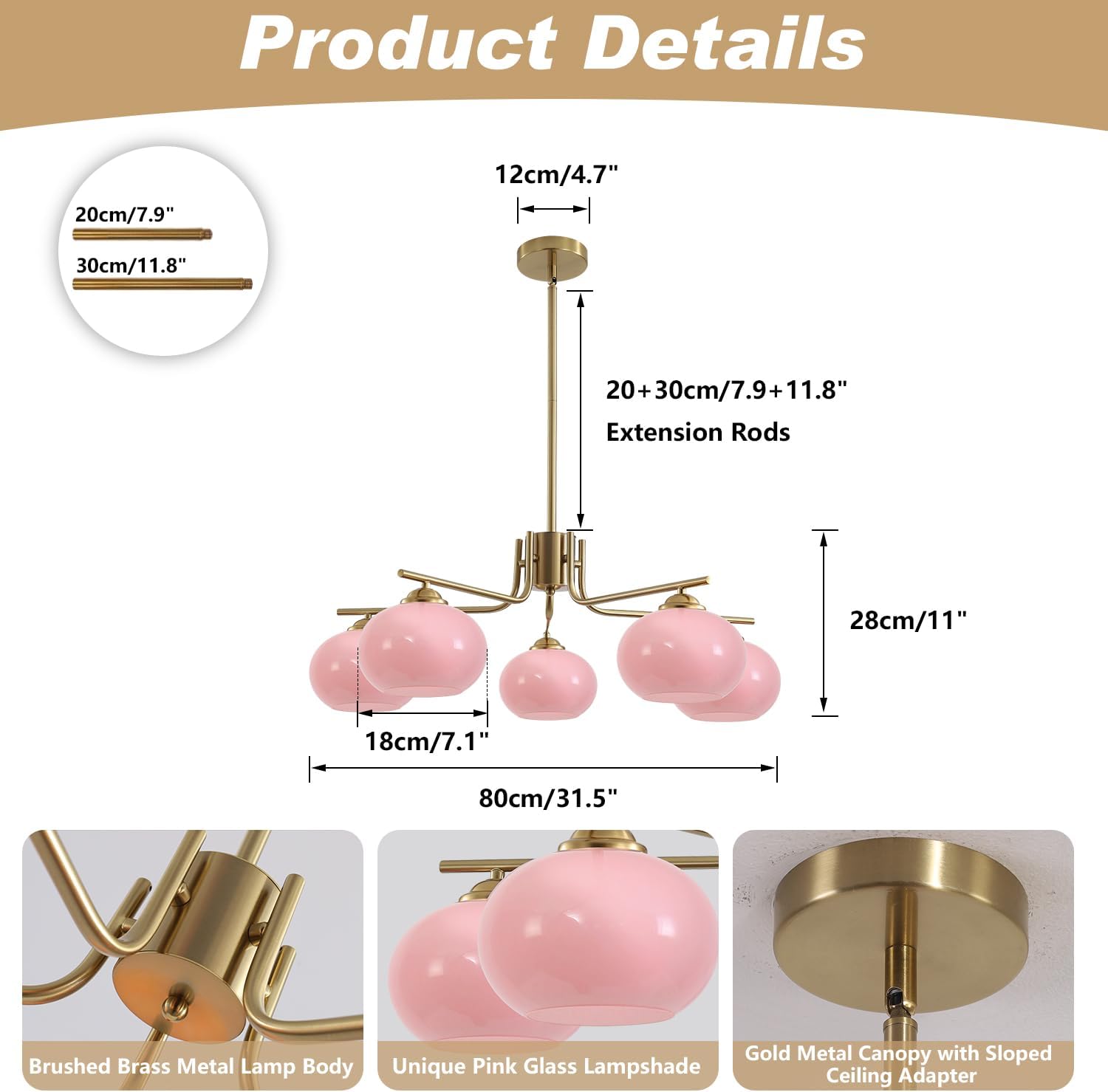 Chandelier with pink glass lampshades and gold metal components, featuring dimensions and product details.