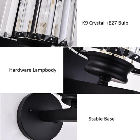 Retro Crystal Wall Light E27 Black Square Sconce