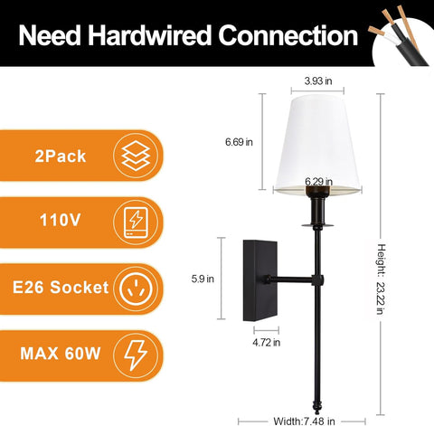 Hardwired Wall Light Set of 2 Black Wall Sconces with Fabric Shade, Vintage Farmhouse Lighting for Bathroom Living Room Bedroom Dining Hallway (E27, 230V)