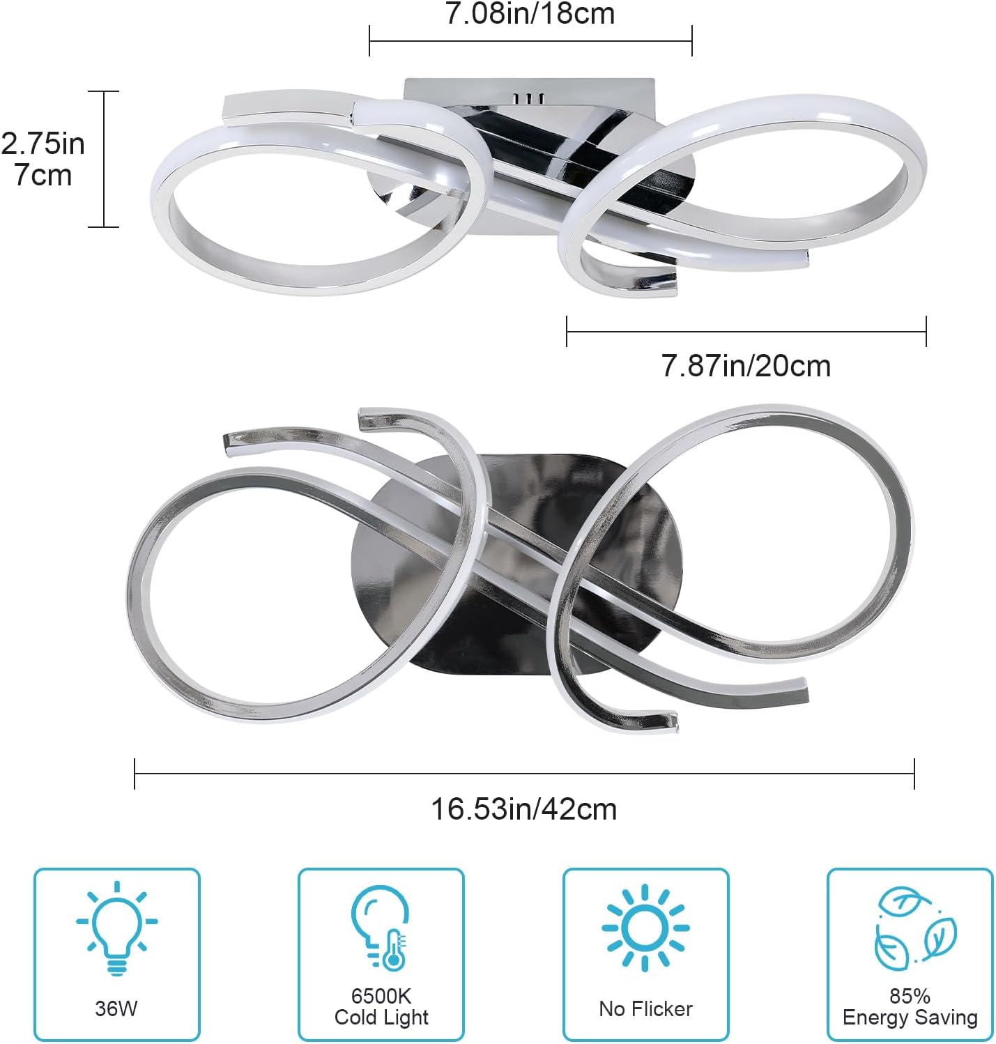 Ceiling light fixture with dimensions and energy-saving features on a white background