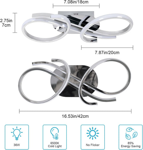 Ceiling light fixture with dimensions and energy-saving features on a white background