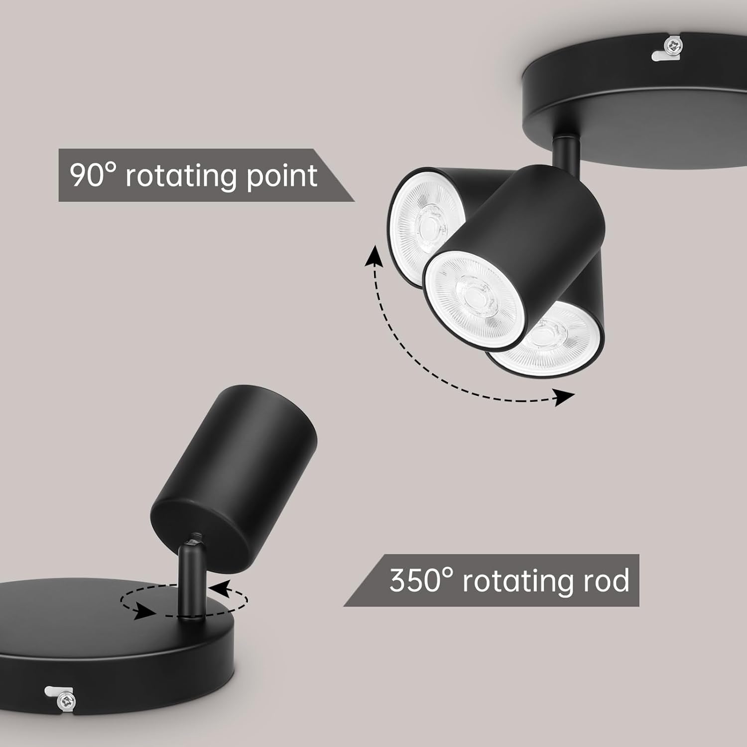 Black ceiling light fixture with 90° and 350° rotation points on a gray background