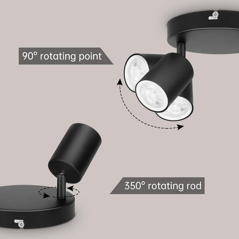 Black ceiling light fixture with 90° and 350° rotation points on a gray background