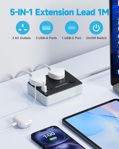 Black 1M Extension Lead with 2 Sockets, 3 USB Ports & Surge Protection – Keep Your Everyday Essentials Powered Without the Socket Shuffle