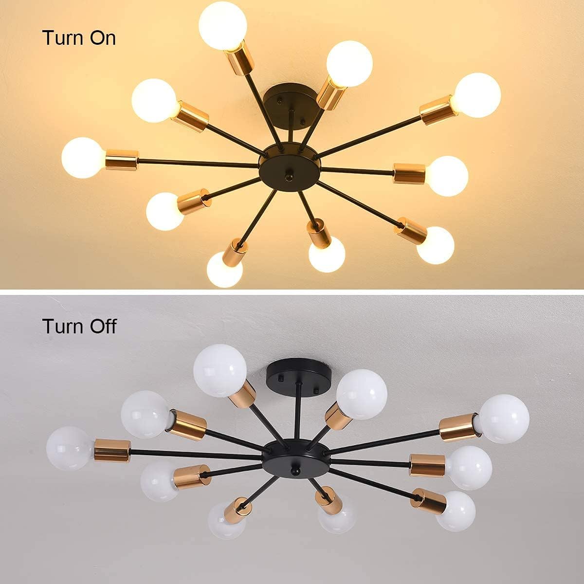 Chandelier showing illuminated and unlit states against different backgrounds