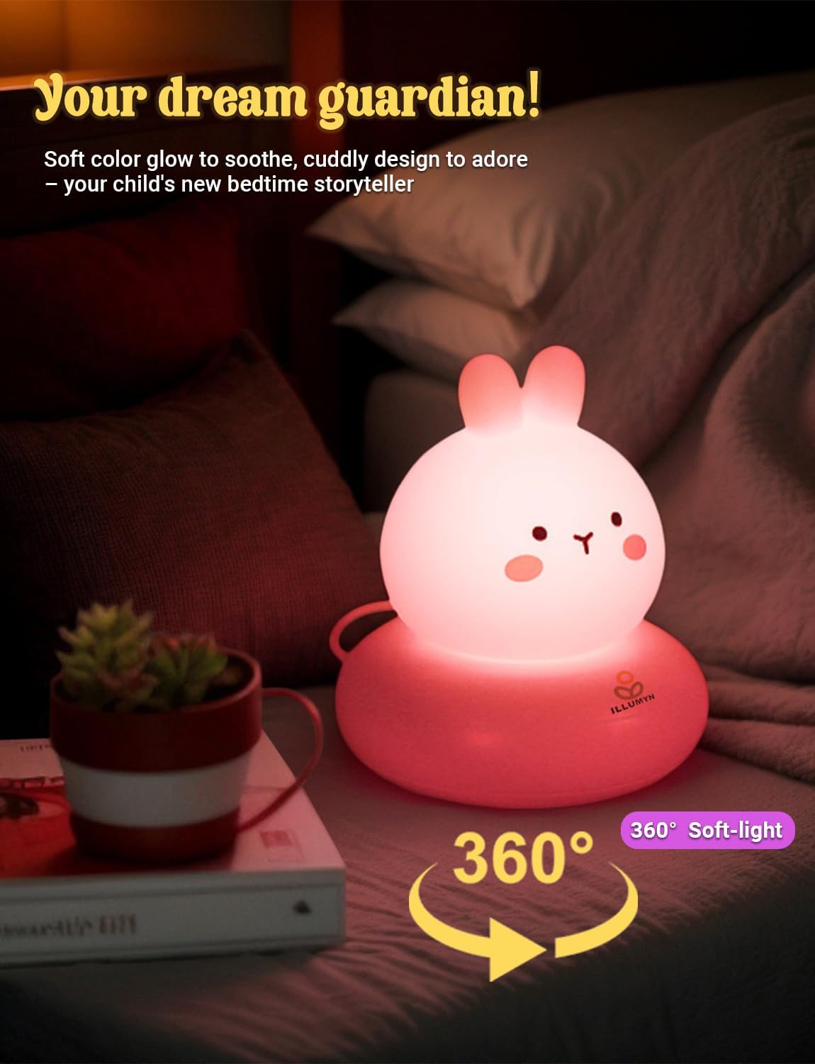 Cute rabbit-shaped night light on a bedside table with soft glow and cuddly design.