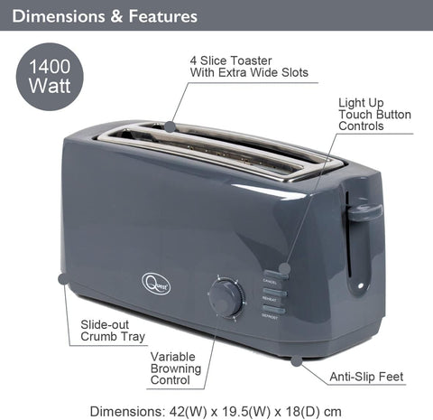 4 Slice Toaster Grey – Extra Wide Long Slots for Bagels and Crumpets – 6 Browning Settings – Reheat, Defrost & Cancel