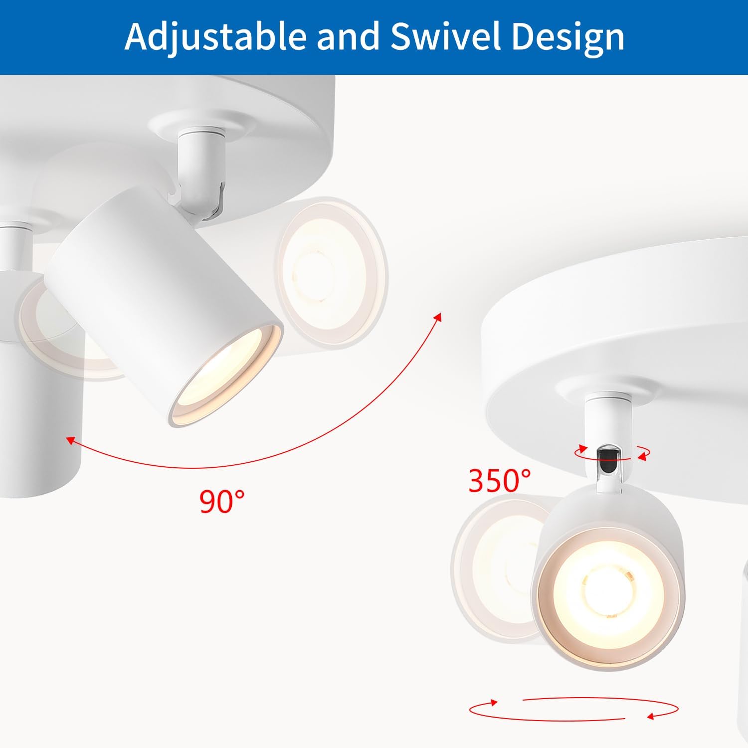 White ceiling light fixture with adjustable and swivel design on a white background