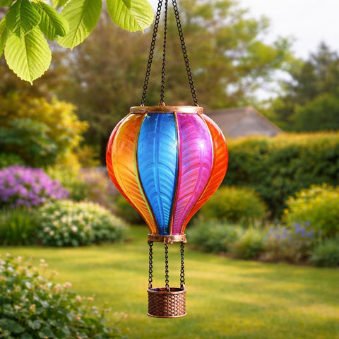 Festive Lights 45cm Solar Hot Air Balloon Lantern – Rainbow Multicolour Flame Effect Hanging Garden Light for Patio, Balcony & Outdoor Décor
