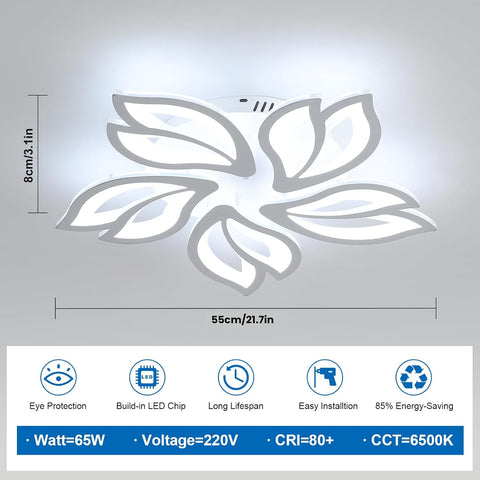 65W LED Ceiling Light 5850LM, 5-Light Modern Acrylic Flower Design, Cool White 6500K Fixture for Living Room, Bedroom, Kitchen