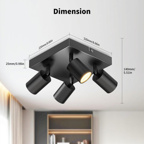 Black Square GU10 Ceiling Light – 4 Way Adjustable Spotlight Fitting for Kitchen, Bedroom, Lounge, Dining Room (Bulb Not Included)