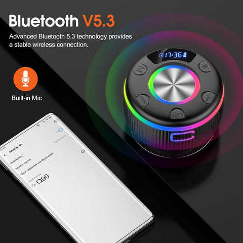 Colorful Bluetooth speaker with smartphone displaying Bluetooth settings on a dark background