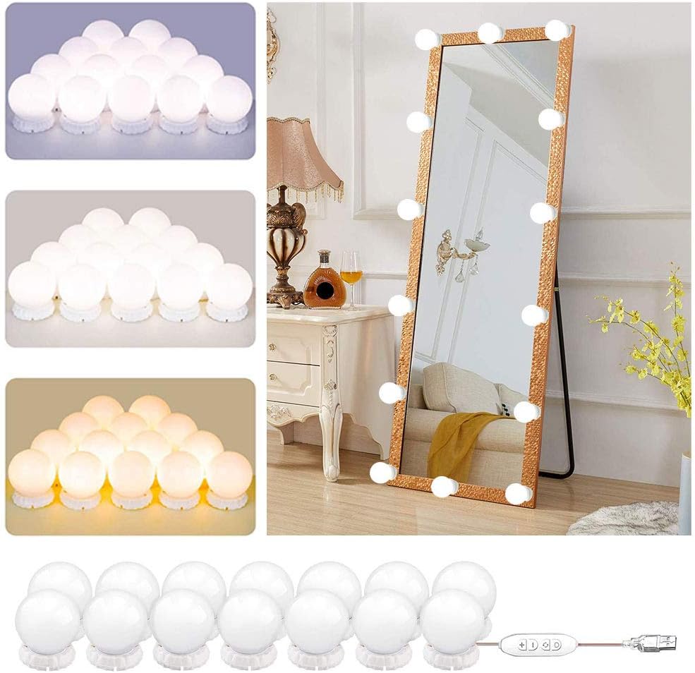 Hollywood Style Mirror Lights Kit DIY, LED Vanity Makeup Lamp 14 Globe Bulbs Dimmable Stick on to Mirror USB with 3 Light Colors & 10 Brightness Levels for Dressing Table Room, Bathroom, Bedroom