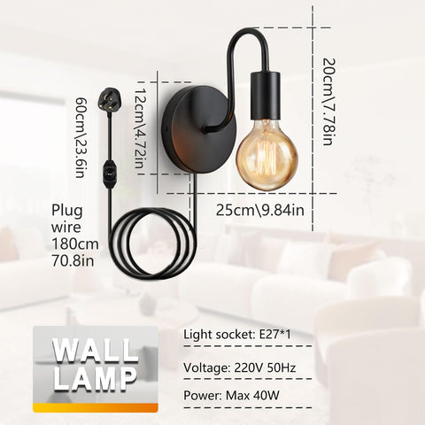 Industrial Dimmable Wall Light Plug-In – Vintage E27 Black Metal Wall Lamp