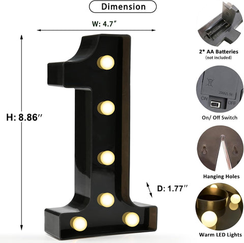 Decorative LED Light Up Numbers, Black Marquee Number with Warm White Lights for 1st Birthday Decorations, Lighted Numbers for Girls Boys Gifts Party Backdrop Wedding Anniversary Decor, Number 1